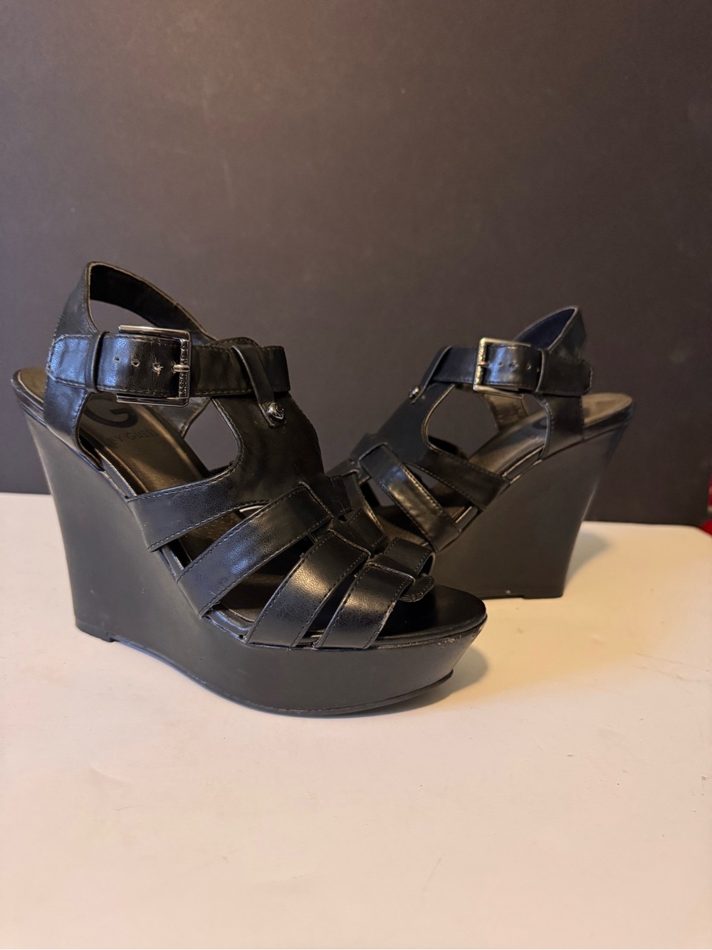 Guess Black Strappy Platform Wedge Sandals